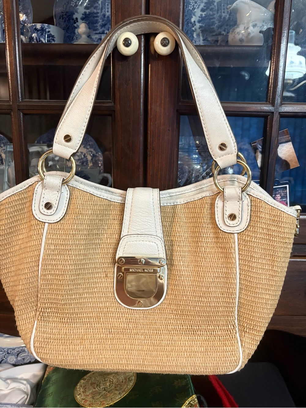 Michael Kors Straw Shoulder Bag in Tan with Cream Trim